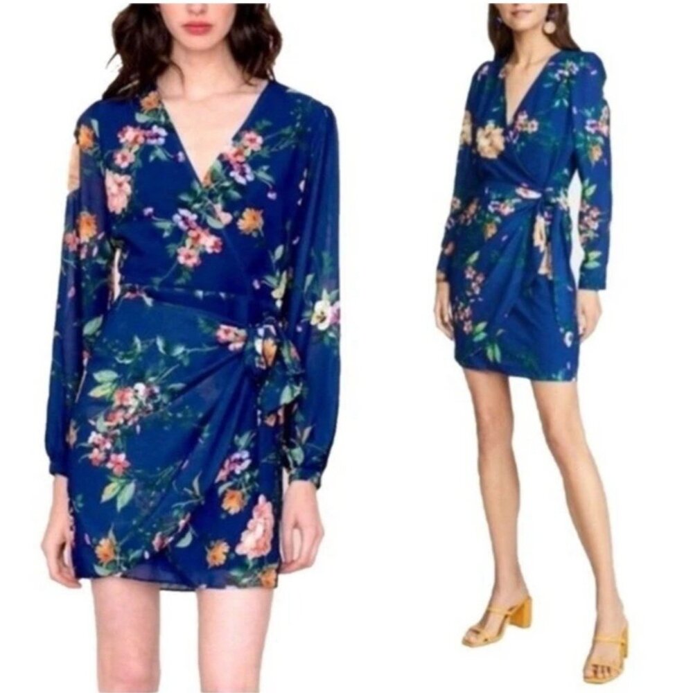 Yumi Kim Faux Wrap Dress S Small Blue Floral Washable Long Sleeve South Side